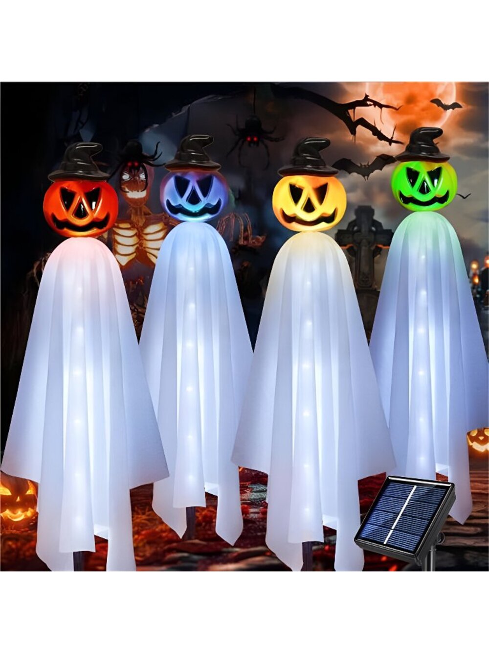 Upgraded Pumpkin Ghosts Halloween Decorations Outdoor, 4 Pack Waterproof Solar